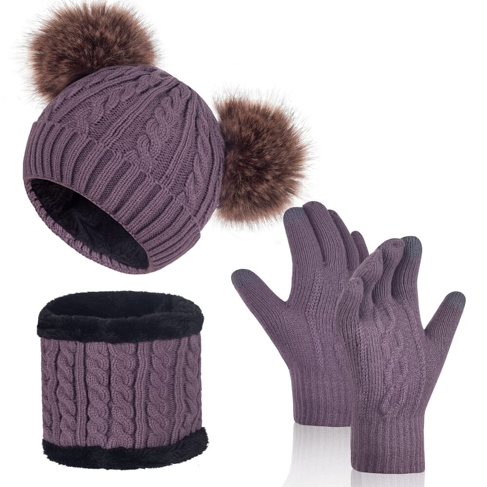 3694 Winter Beanie Hat Gloves Scarf Set Knit Warm Neck Warmer Thick Fleece